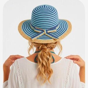 Sun N Sand NWOT Women's Blue Aqua Striped Canvas Tan Woven Straw Edge Sun Hat